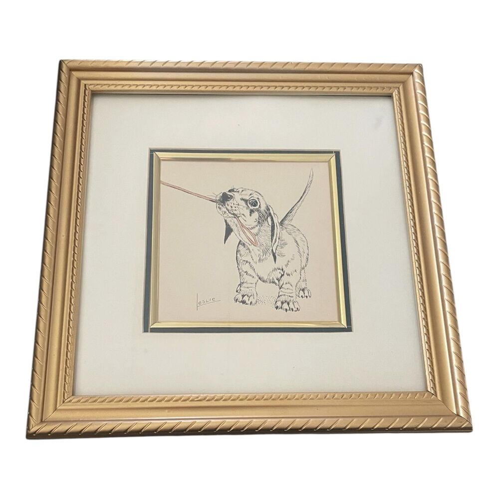 Vintage Framed Signed Print Dachshund/Basset Hound Puppy Drawing Leslie Cope 10"